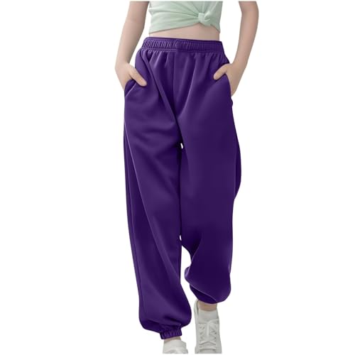 Pantalón de chándal para niñas de color sólido con cordón, casual, para niños de tamaño mediano y grande, morado, 11-12 años
