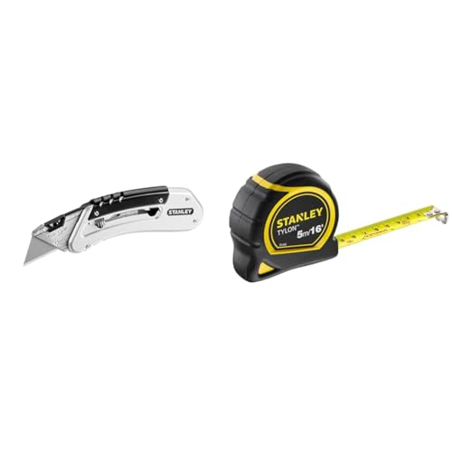 Stanley Quickslide Pocket Knife All-Metal with Belt Clip Ref 0-10-810, Silver/Black & Tylon Tape Measure 5M/16 Inches Compact Case with Cushioned Grip Metric and Imperial System 1-30-696, Yellow