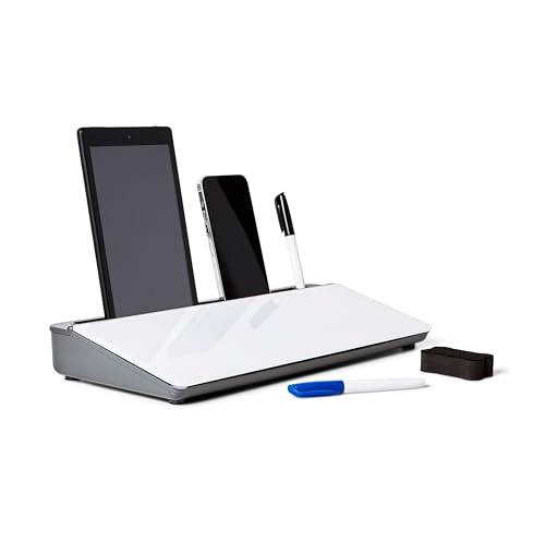 Image of GAROOD Desktop Dry Erase Board with Storage (Grey Base) Desk Desk Board Glass Desktop White Board with Stand Home Office Organizer Phone Holder 15.8X7X2 inches