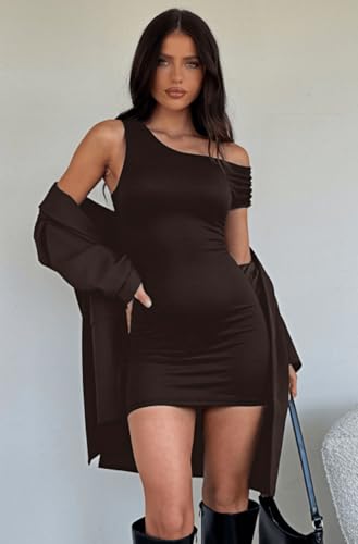 Image of YOXUA Women's Sexy Going Out Mini Bodycon Dress, Off Shoulder Sleeveless Cocktail Party Club Short Dresses Brown