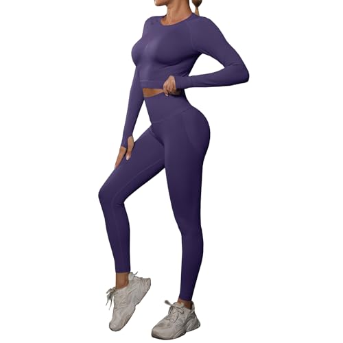 dohomiryo Abbigliamento Sportivo da Donna Set 2 Pezzi Top Sportivo e Vita Alta Leggings Yoga Tuta Ginnastica Completo Tuta per Running Yoga Viola profondo S