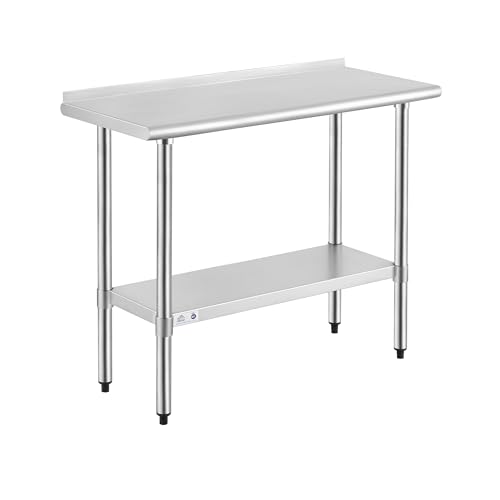 Image of ROCKPOINT Stainless Steel Table for Prep & Work with Backsplash 18x36 Inches, NSF Metal Commercial Kitchen Heavy Duty Table with Adjustable Under Shelf and Table Foot for Restaurant, Home and Hotel