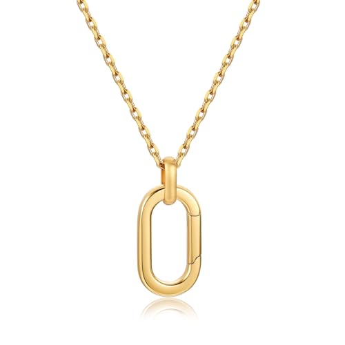 SAMYA Minimalist Oval Pendant Necklace for Women - 18K Gold Plated Hypoallergenic 304 Stainless Steel 2.0mm Rolo Chain with Oval Spring Clasp 45cm + 5cm Adjustable Extender Lightweight Modern Simple Necklace