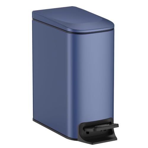 Image of TIPGO Small Bathroom Trash Can with Lid, 1.6 Gal, Soft Close, Navy Blue | Foot Pedal, Soft Quiet Lid, 5.9'' Slim for Narrow Space, Stainless Steel, Anti-fingerprint, Removable Inner Bucket, Odor Seal