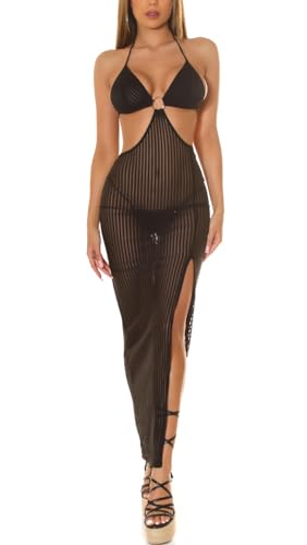 Koucla Streifen-Look Neckholder Maxikleid Cover-up Kleid Transparent mit Beinschlitz und Cutout One Size (Einheitsgröße)
