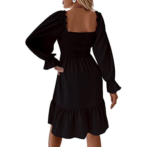 Women's Square Neck Smocked Mini Dress Long Latern Sleeves Elegant Aline Swing Casual Dresses Black M #TOP3