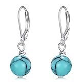POPLYKE スターリングシルバー シンプルジェムストーン ラウンドビーズ ボールドロップ ダングルレバーバックイヤリング レディース, スターリングシルバー, ターコイズ