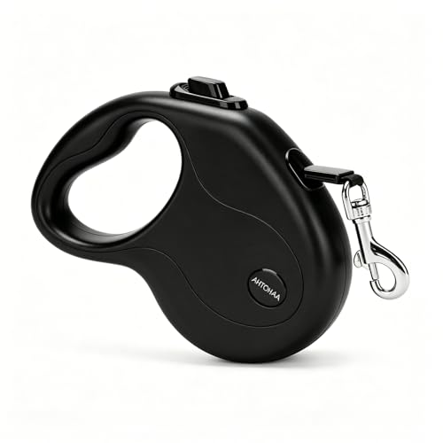 AHTOHAA 10FT Retractable Dog Leash for Small Medium Dogs/Cats up to 33lbs Strong Nylon Tape One-Handed Brake & Tangle-Free Design Lightweight for Walking Jogging Hiking (Black)