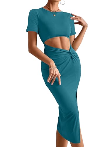 Image of Rooscier Women's Twist Cutout Waist Split Crewneck Short Sleeve Bodycon Midi Dress