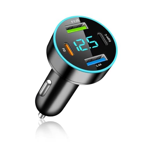 4-in-1 Fast Car Charger, PD/QC3.0/Type-C Fast Charging, Universal Phone Cigarette Lighter USB With Blue LED & Voltmeter for Truck SUV (QC3.0+Type-C+PD+2.4A)