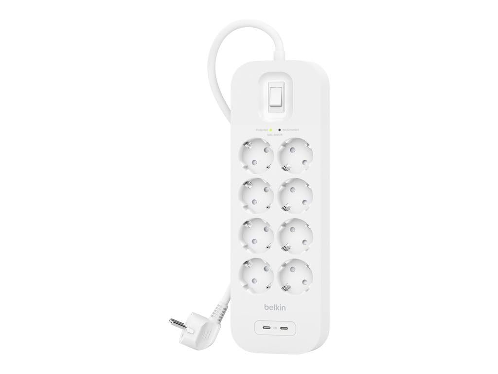 Belkin Multiprise USB avec Protection Contre Les surtensions à 8 Prises CA, Montage Mural, câble de 2 m, 2 Ports USB-C PD à Charge Rapide, LED d'état, 900 Joules de défense électrique
