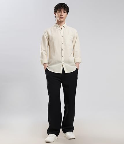 Image of TURMS Men's Casual Striped Linen Shirt | Water Repellent | Anti Stain Anti Odor | Kansas Linen | Concealed Button Down Collar | Full Sleeves