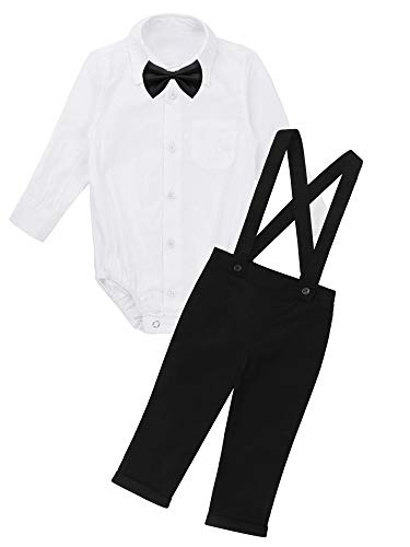 Jelory Toddler Baby Boys Formal Suits Bowtie Long Sleeve Romper Shirt and Suspender Pants Wedding Outfits Set Z1 Black&White 18-24 Months