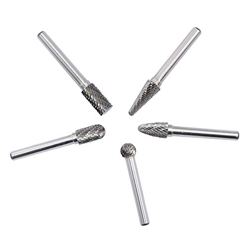 Carbide Burrs Set 5Pcs With 1/4''Shank Double Cut Solid Power Tools Tungsten Carbide Rotary Files Bits For Die Grinder Metal Wood Carving Engraving Polishing Drilling Grinding Milling Cutting #TOP2