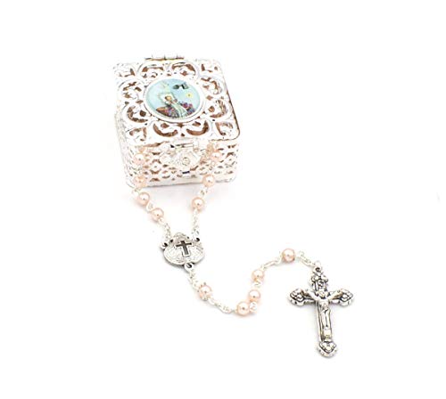 My First Rosary Baptism Rosary Gift Set for Baby Girl Includes Beautiful Silver Metal Filegree Hinged Rosary Box with Baptism Design and Pink Round Pearl Baptism Rosary (Girl)