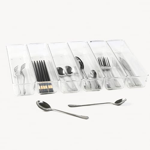 Image of ihomecooker 6 Set Clear Plastic Junk Drawer Organizer Vanity Curlery Utensil Makeups Organizer for Kitchen 12'' X 3''
