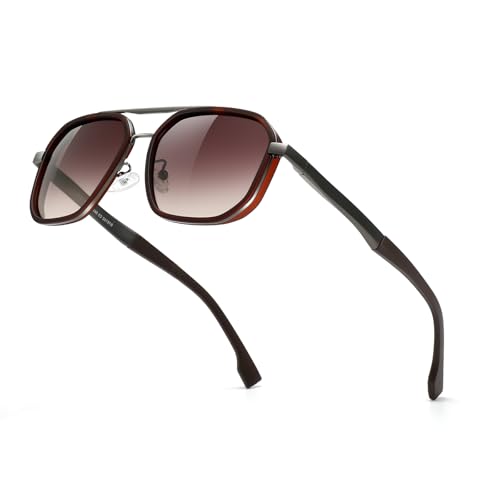 SUNGAIT Polygon Aviator Sunglasses Men Old School Style Adjustable Anti-slip Temples Polarized Lens for Driving Fishing (Gunmetal Frame/Brown Gradient Lens)