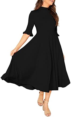 Verdusa Women's Elegant Ribbed Knit Bell Sleeve Fit and Flare Midi Dress Black XL