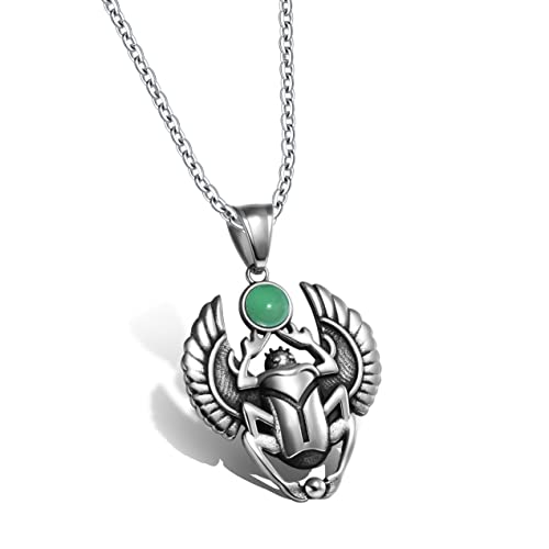 Egyptian Jewelry - Scarab Necklace - Spiritual Protection Amulet - Unique Mysterious Beetle with Round Crystal - Ancient Powers Sacred Goddess Energy Pendant - Antique Finish Talisman - Green Quartz