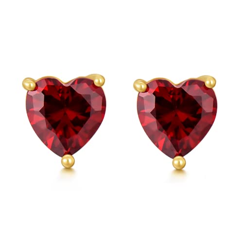 14K Real Gold Heart Stud Earrings For Women Girls,Yellow Gold Love Heart Earrings With Topaz/Garnet/Ruby Post Piercing Jewelry Gifts For Birthday Christmas (1-Garnet) #TOP27