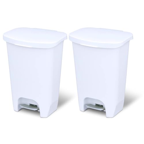 Image of Glad 2 Pack 13 Gal Trash Can | Plastic Kitchen Waste Bin with Odor Protection of Lid | Hands Free with Step On Foot Pedal and Garbage Bag Rings, White