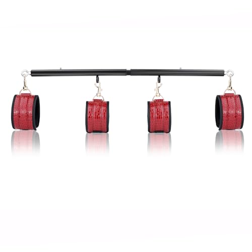 Spreader Bar Heavy Duty Stainless Steel Expandable Black Bar Home Gym with 4pcs Furry Crocodile Pattern Red Adjustable Strap,Sports Aid Training Fitness Gear Pilates Aid Kit,Indoor Yoga Set