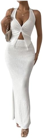 SHENHE Women's Sexy 2 Piece Outfits Twist Front Split Halter Crop...