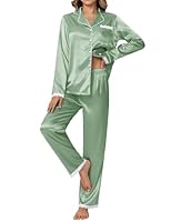 Ekouaer Satin Pajamas for Women Silk Long Sleeve Sleepwear Button Down Loungewear 2 Pieces Lace Soft Pjs Set Ice Green