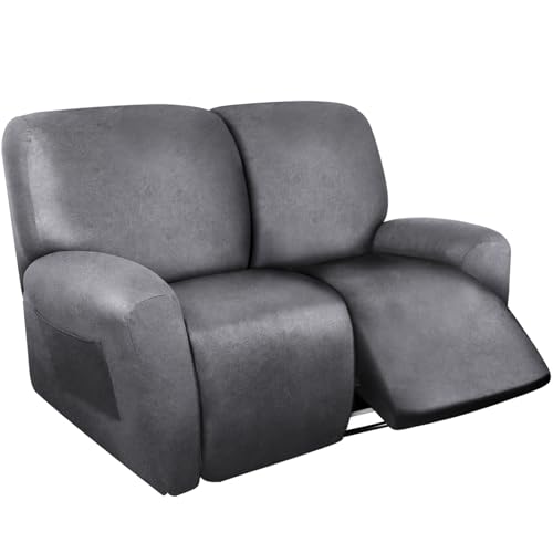 Image of ANARACHON Loveseat Recliner Cover Leather Look Recliner Loveseat Covers Recliner Sofa Cover for 2 Seater Reclining Couch Spandex Fabric Washable 6 Pieces (2 Seater, 01 Light Grey)