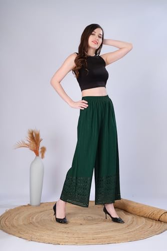 Image of VIVIKA Chikankari Palazzo Pants for Women |Rayon Wide Leg Ethnic Palazo with Embroidery | Comfortable Elastic Waist Women's Palazzo for Casual, Festive & Office Wear