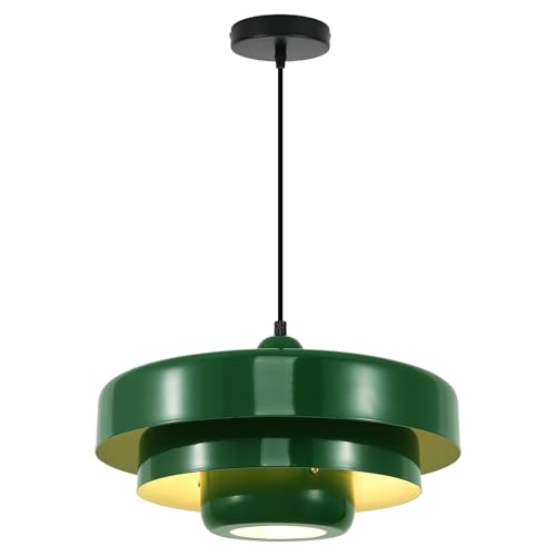 Image of 3-Tier Green Pendant Light Fixture, Mid-Century Modern Metal Chandelier Industrial Adjustable Hanging Light for Kitchen Island, Dining Room, Easy Install