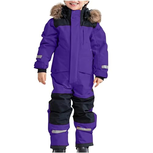 Children's Ski Suit Insulated Snow Bib Overalls Thermal Warm Snowsuit with Removable Hood Mud (Purple #1, 6-7 Years)