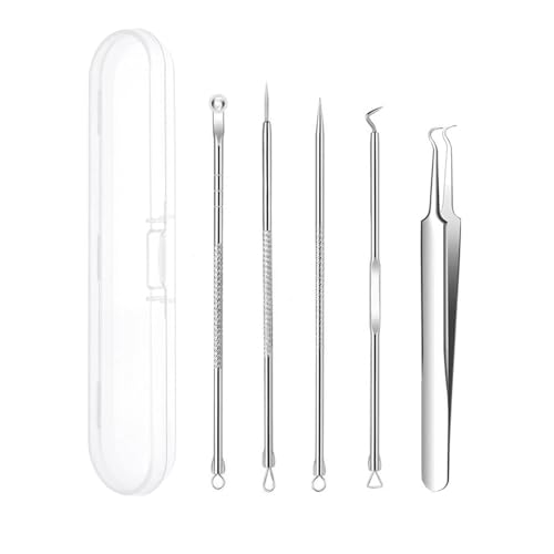 JZK Juego de 5 herramientas para eliminar puntos negros, pinzas curvadas puntiagudas, aguja de eliminación de espinillas, kit de reventón de espinillas, pinzas de pelo encarnado, extractor de