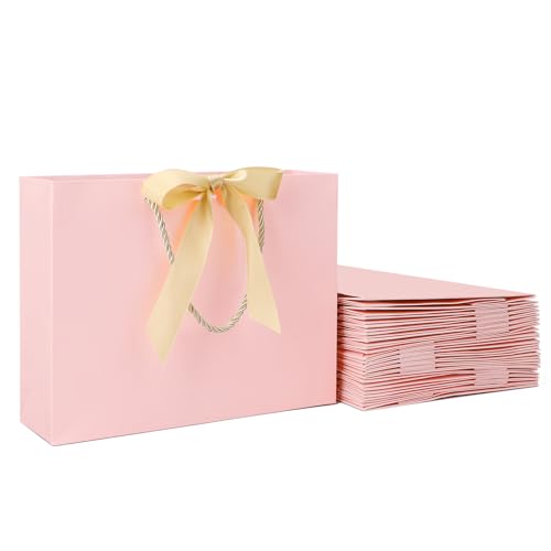 EUSOAR Bolsas de Regalo con Lazo - Packs de 20 Bolsas Medianas de Regalo M 27x8x21cm - 230GSM Pink Paper Gift Bags with Bow - Bolsas Papel Rosa Kraft con Asa Lazo para Cumpleaños Boda Aniversario