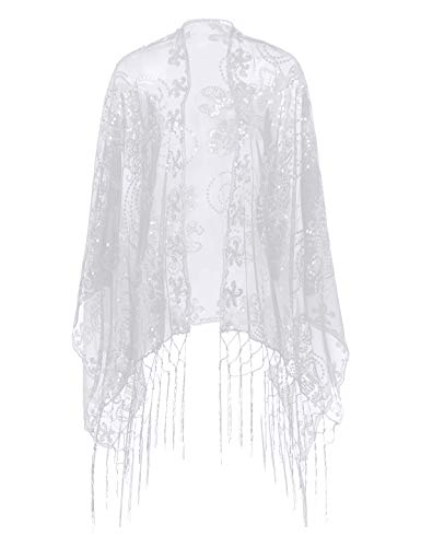ACSUSS Women's Glittering 1920s Scarf Mesh Sequin Wedding Cape Fringed Evening Shawl Wrap4