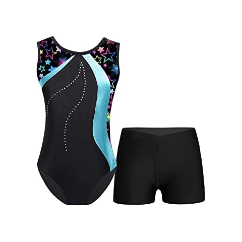 iEFiEL Mädchen Glitzer Turnanzug Ärmellose Leotards Rückenfrei Ballettanzug mit Strass Ballettkleidung Gymnastikbody Cyan 110-116 Cover