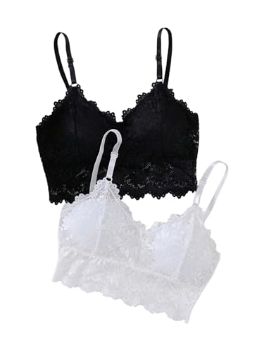 OYOANGLE Girl's 2 Pack Floral Lace Bralette V Neck Scallop Trim Padded Cami Training Bras