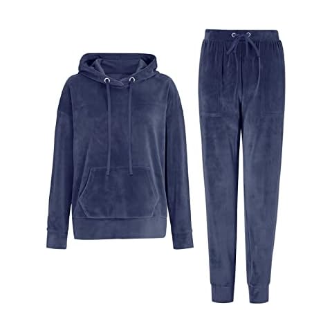 REORIA Womens Long Sleeve Hoodie Jogger Crewneck Two Piece Outfit Tracksuit Solid Color Sweatshirt and Sweatpants Set Navy Blue L Cover