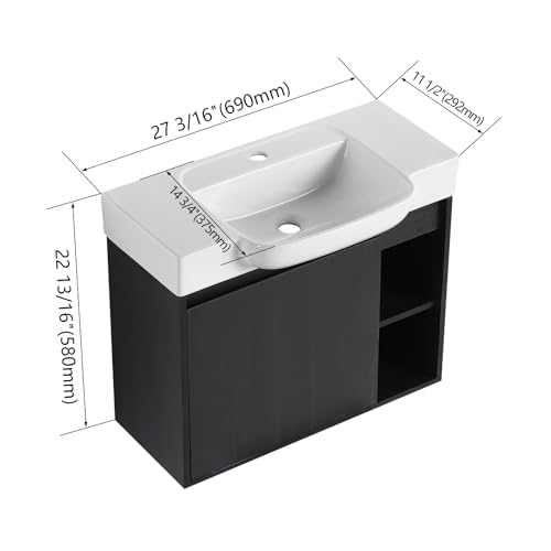 Image of 28 inch Bathroom Vanity with Ceramic Sink, Modern Wall-Mounted Bathroom Vanity with Soft-Close Door & 2 Open Storage Shelves, Farmhouse, Undermount Storage Cabinet, Easy to Clean, Dark Oak
