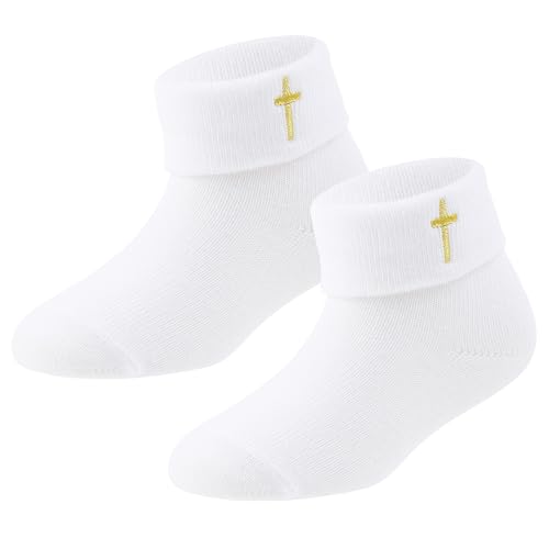 Image of KESICI Newborn Baptism Socks Infant Ankle Crew Socks White Turn cuff Christening Cotton Socks for Baby Boys Girls