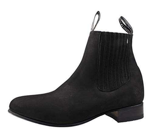 Men's Charro Cowboy Ankle Boots Nobuck Leather El Canelo Botin Charro Black