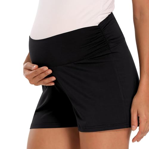 Risipu Mutterschaft Shorts für Frauen über den Bauch Schwangerschaft Biker Shorts Workout aktiv Laufen Yoga Kurze Hosen mit Taschen (DE/NL/SE/PL, Alphanumerisch, L, Regular, Regular, Schwarz)