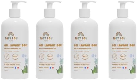 Gentle cleansing gel 4 x 500 ml | Cleanses face, body and hair | 98% ingredients of natural origin | Suitable for sensitive skin and dermatologically tested | Made in France