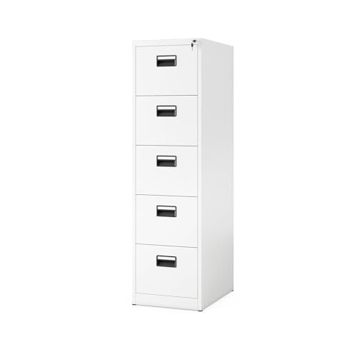Jan Nowak Hängeregistraturschrank V005 Hängemappenschrank Hängeregisterschrank Aktenschrank mit 5 Schubladen Pulverbeschichtung Stahlblech 162 cm x 46 cm x 62 cm (H x B x T) (Weiß)