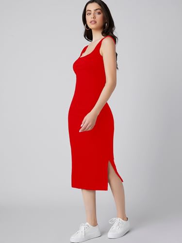 Image of Aahwan Royal Solid Bodycon Square Neck Midi Side Split Thigh Dress for Women's & Girl's
