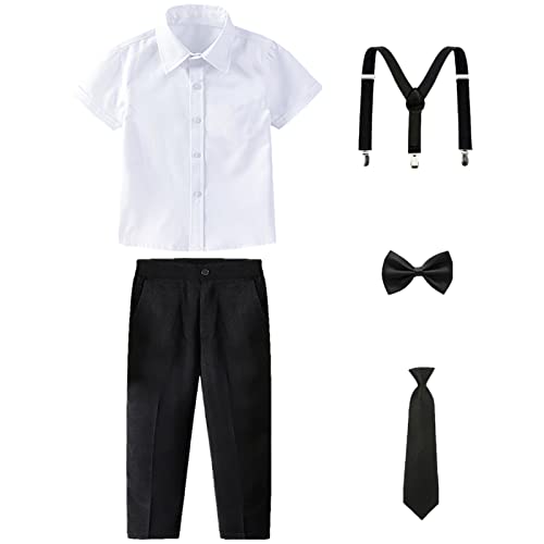 Image of amropi Boy Tuxedo Outfit 5-Piece Long Sleeve Bow-Tie Shirt and Suspender Pants Set for Age 1-13 Years