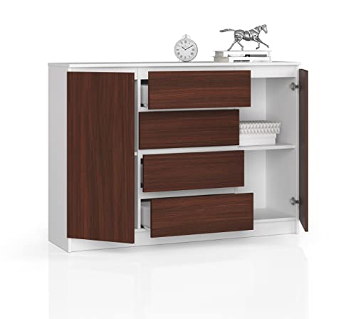Cómoda BDW con 4 cajones y 2 puertas, aparador, armario multifunción, para salón, comedor, 138 x 99 x 40 cm, color blanco y wengué