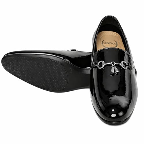 Image of Men's Black Patent Leather Loafers | Slip-On Formal Shoes with Metal Horsebit | Cushioned Insole for All-Day Comfort | Party, Office
