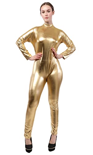 Carnavalife Maillot Ballet Brillo Mujer, Mono Maillot Gimnasia Ritmica Mujer, Mallot de ballet/danza Manga Larga, Leotardos de Color Surtido y Brillante (S, Dorado)