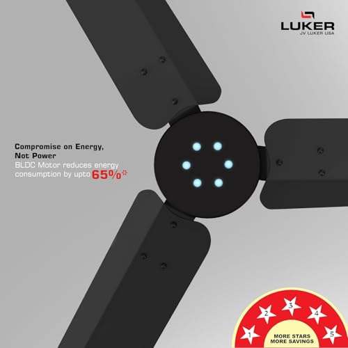 Image of LUKER JVLuker USA Size Zero Neo 1200mm BLDC Ceiling Fan with Remote, BEE 5 Star 65% Energy Saving, High Speed Air Delivery Low Noise, LED Indicators & Reverse Mode, Black-Black-Black, 3 years Warranty